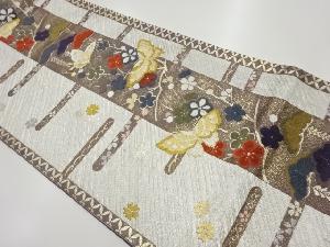 縞に蝶・松・梅・霞模様刺繍袋帯